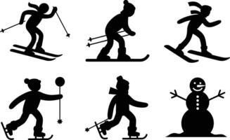 Black Silhouettes of Skiers Skaters and a Snowman on White Background vector