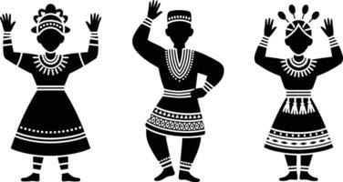 Black Silhouettes of Three People in Traditional Attire with Raised Arms vector