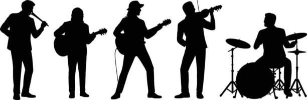 Silhouette Band Performing with Microphone Guitar Violin and Drums vector