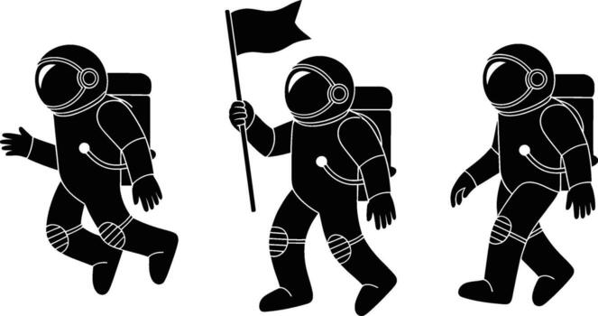 Black and White Astronauts Walking with Flag and Exploring Space vector