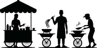 Black Silhouette Street Food Vendors with Carts and Cooking Utensils vector
