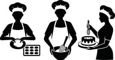 Black and White Bakers Preparing Food with Cake and Baking Tools vector