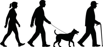 Black silhouettes of people walking a dog and using a cane on white background vector