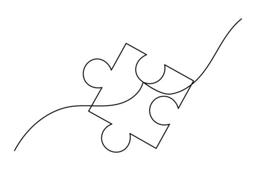 Puzzle piece one line drawing in minimalist outline style on white background vector
