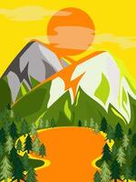 Mountain landscape with coniferous forest in the evening sunset. vector