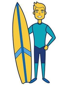 un dibujos animados hombre con un tabla de surf en pie en frente de un blanco antecedentes vector