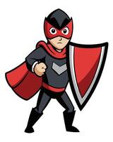 Cartoon superhero with shield and red cape vector