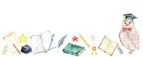 Back to school banner with books and graduation owl for educational design. Horizontal banner. Start of school year. Copy space. Watercolor illustration. Hand drawn template. Isolated png