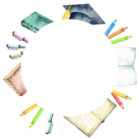 Creative back to school round frame with books, pencils, and graduation cap. Start of school year. Circle template. Copy space. Watercolor illustration. Hand drawn. Isolated. Free space for text png