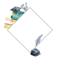 Creative back to school design with rhombus frame for kids education projects. Start of school year. Copy space. Watercolor illustration. Hand drawn. Isolated png