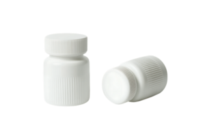Two white plastic pill bottles, one upright, one cap separate. Mockup for medicine, supplement, or health product. png