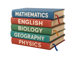 Stack of school books with subject titles isolated on transparent background png
