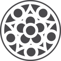 Gothic circle rose window with medieval ornament. Silhouette of cathedral rosette. Christian architecture element with stained glass. Radial frame.. png