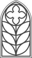 Gothic church window with arched frame and stained glass. Medieval vintage silhouette of cathedral decoration geometric floral ornament. Christian chapel interior with antique engravings. png