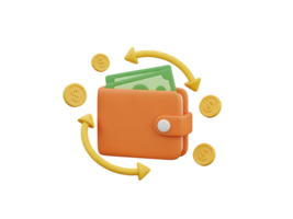 3D Orange Wallet with Cash, Coins, and Circular Arrows for Money Transaction Concept Isolated on Transparent Background png