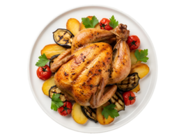 Perfectly Roasted Whole Chicken with Grilled Vegetables and Potatoes on White Plate Isolated on Transparent Background png