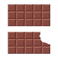 Two Chocolate Bars. Whole and Bitten Chocolate Illustration. The top bar is whole and intact, consisting of a 4x5 grid of raised square segments. The top chocolate bar is bitten. vector