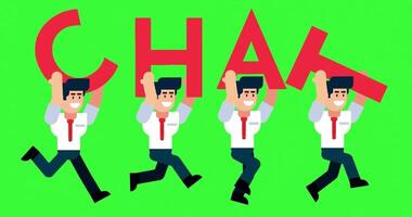 Team of Happy Businessmen Running While Carrying CHAT Letters to Represent Communication, Connection, and Collaboration video