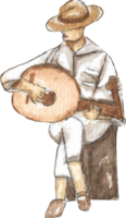 A mandolin player is painted by hands with watercolor in real fine art style png