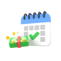 Calendar checklist with banknotes and gold coins isolated 3d render icon illustration png