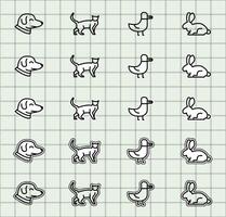 Cute line art of animals on grid vector
