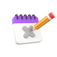Calendar with cross symbol and pencil isolated 3d render icon illustration png