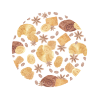 Hand drawn watercolor buns and coffee beans round frame border. Illustration of food isolated on no background. Can be used for postcard, label, scrapbook and other printed products png