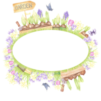 Hand drawn watercolor garden frame border with blooming flowers in boxes and butterflies isolated on no background. Can be used for postcard, label, scrapbook and other printed products png