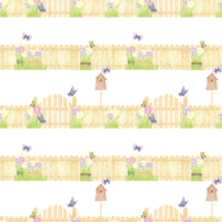 Hand drawn watercolor garden seamless pattern with fence flowers and butterflies isolated on no background. Can be used for textile, fabric, scrapbook and other printed products png