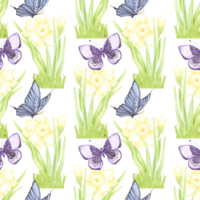 Hand drawn watercolor daffodil with green leaves with blue and purple butterflies seamless pattern isolated on no background. Can be used for textile, fabric, scrapbook and other printed products png