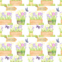 Hand drawn watercolor spring flowers in a pots and boxes with butterflies seamless pattern isolated on no background. Can be used for textile, fabric, scrapbook and other printed products png