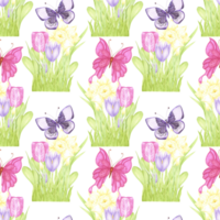 Hand drawn watercolor daffodil crocus and tulip bouquet with butterflies seamless pattern isolated on no background. Can be used for textile, fabric, scrapbook and other printed products png