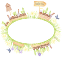 Hand drawn watercolor garden frame border with blooming flowers in boxes and butterflies isolated no background. Can be used for postcard, label, scrapbook and other printed products png