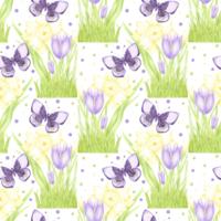 Hand drawn watercolor daffodil and crocus bouquet with butterfly and polka-dots seamless pattern isolated on no background. Can be used for textile, fabric, scrapbook and other printed products png