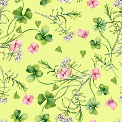 Little pink flowers, clover and wildflowers on watercolor seamless floral pattern isolated. Realistic spring herbs wild rosemary, shamrock on repeated background hand drawn. Meadow design for textile.