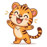 Joyful Cartoon Tiger Cub Cheerfully Dancing, Illustrative Happy Childish Image, White Background - Professional digital artwork with vibrant colors and detailed composition vector