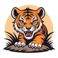 Adorable Baby Tiger Cub Stalking in Grassy Meadow at Sunset, Fierce Yet Cute Cartoon Illustration vector