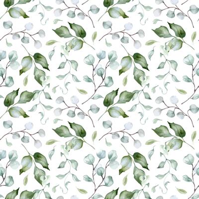 Watercolor greenery plants and eucalyptus delicate seamless pattern isolated. Foliage texture of rippled twigs hand drawn in dusty green. Holly leaves seamless background for design textile, packaging