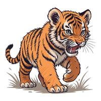 Fierce Baby Tiger Cub Stalking in Grassland A Menacing Yet Adorable Wildlife Illustration - Professional digital artwork with vibrant colors and detailed composition vector