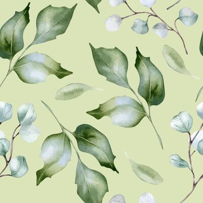 Watercolor holly leaves pale green seamless pattern isolated. Soft green foliage texture repeated of twigs and branches hand drawn. Greenery background for design textile, wallpaper, package
