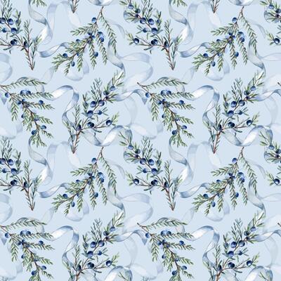 Watercolor juniper twigs, berries and blue ribbons seamless background. Delicate evergreen conifer repeated pattern for textile, wrapping paper, and botanical decor. Hand drawn nature plants design.