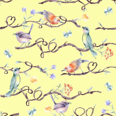 Watercolor seamless pattern with cute small birds on tree branches with hearts isolated. Design child wallpaper of nature art and tiny birdies in soft colors hand painted. Simple flowers, butterflies