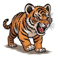 Fierce Baby Tiger Cub Roaring, Intricate Illustration, Wild Jungle Setting, Menacing Mood - Professional digital artwork with vibrant colors and detailed composition vector