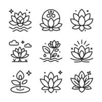 Graphic icon line drawings of lotus flowers, perfect for botanical designs, decorative elements, patterns, yoga studios, mindfulness resources, spiritual themes. vector