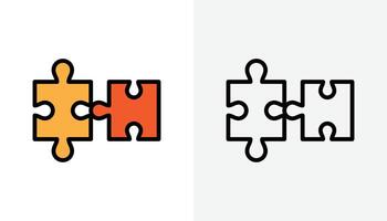 Two connected puzzle pieces in color and outline, suitable for teamwork, partnerships, and problem-solving concepts. Collaboration, connection, completion, matching, solutions graphic concept vector