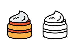 Flat and outline icon of an open face cream jar with visible white cream inside. Ideal for use in skincare product packaging, cosmetic e-commerce websites, beauty app interfaces graphic vector