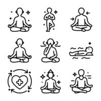 Graphic illustration line art icons depict various meditation yoga poses. Suitable for yoga studios, wellness centers, mindfulness apps, and meditation websites. asana pose symbol vector