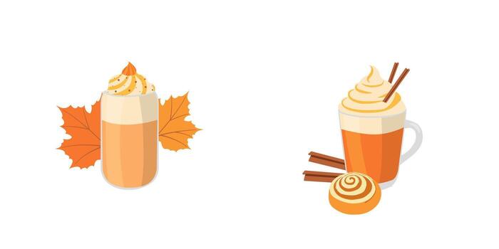 Cozy autumn elements pack with glasses of pumpkin latte, leaves, cinnamon roll in flat style. Hand drawn set for digital use, menu for cafe vector