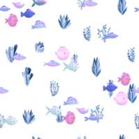 Underwater sea fish, blue algae. Deep water. Hand drawn marine seamless pattern. Oceania fauna. Cartoon print, background. Simple design png