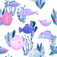 Under the sea and ocean funny fish, blue algae hand drawn marineseamless pattern. Oceania fauna. Cartoon print, background. Simple design png